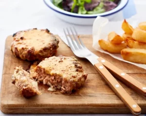 Welsh lamb burgers topped with Welsh rarebit